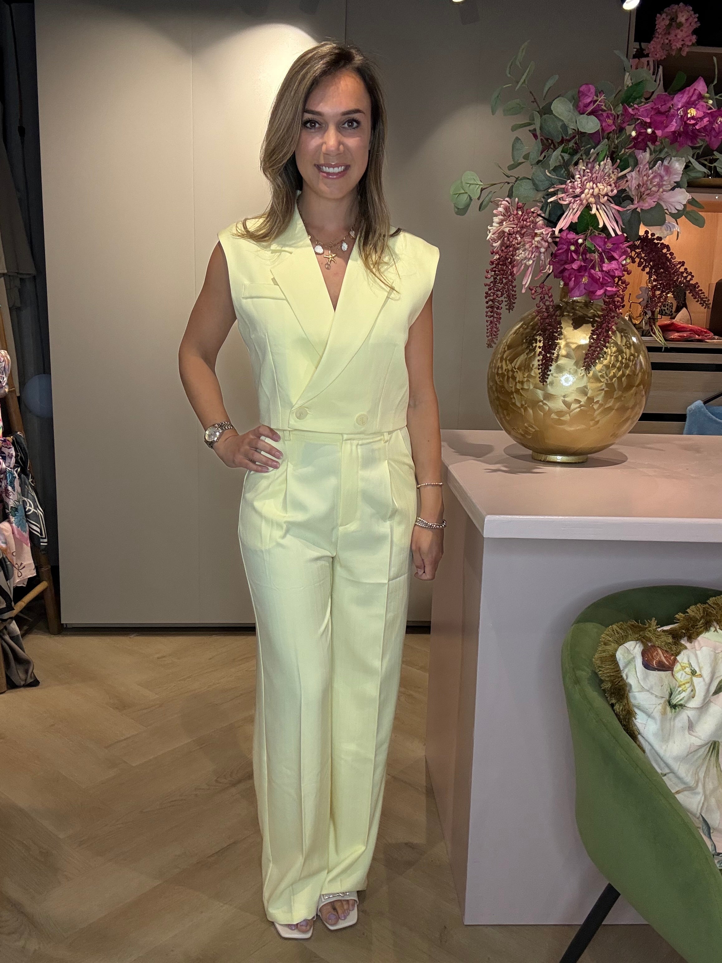 Gilet Linnen Look Zacht Geel